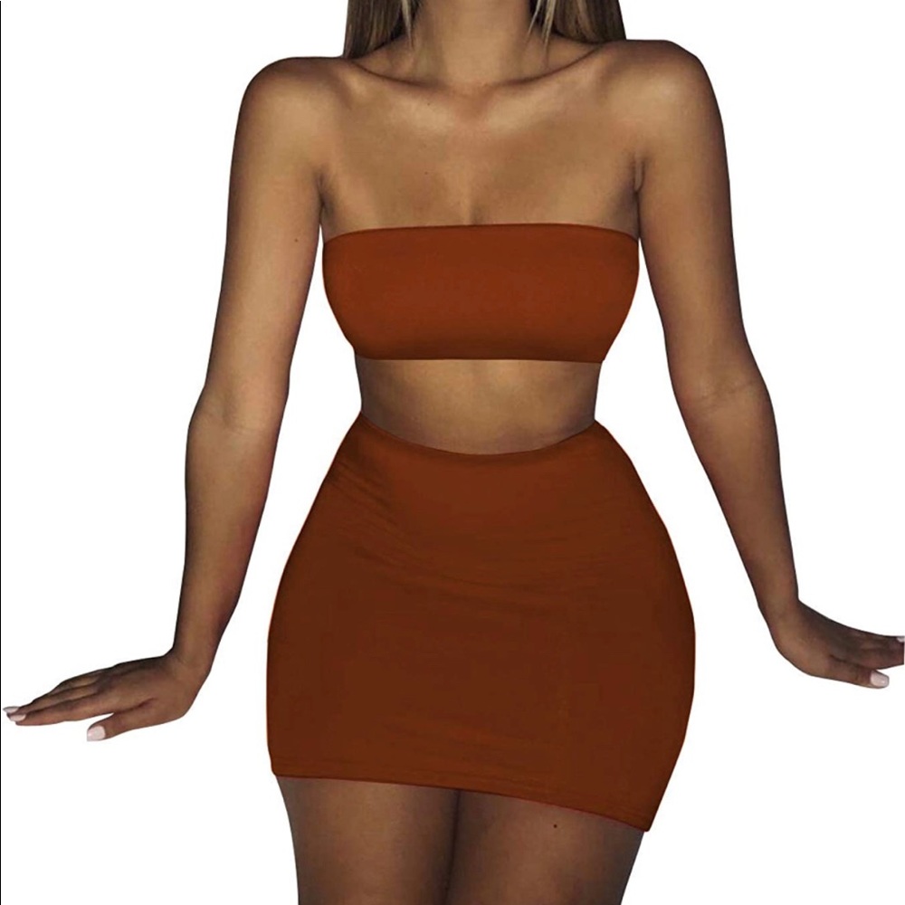 Women's Sexy Sleeveless Tube Crop Top Bodycon Skirt 2 Piece Outfits Dress Rusty